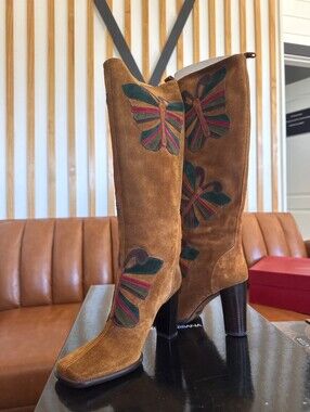 Dolce & Gabbana Camel Butterfly Knee High Suede Boots